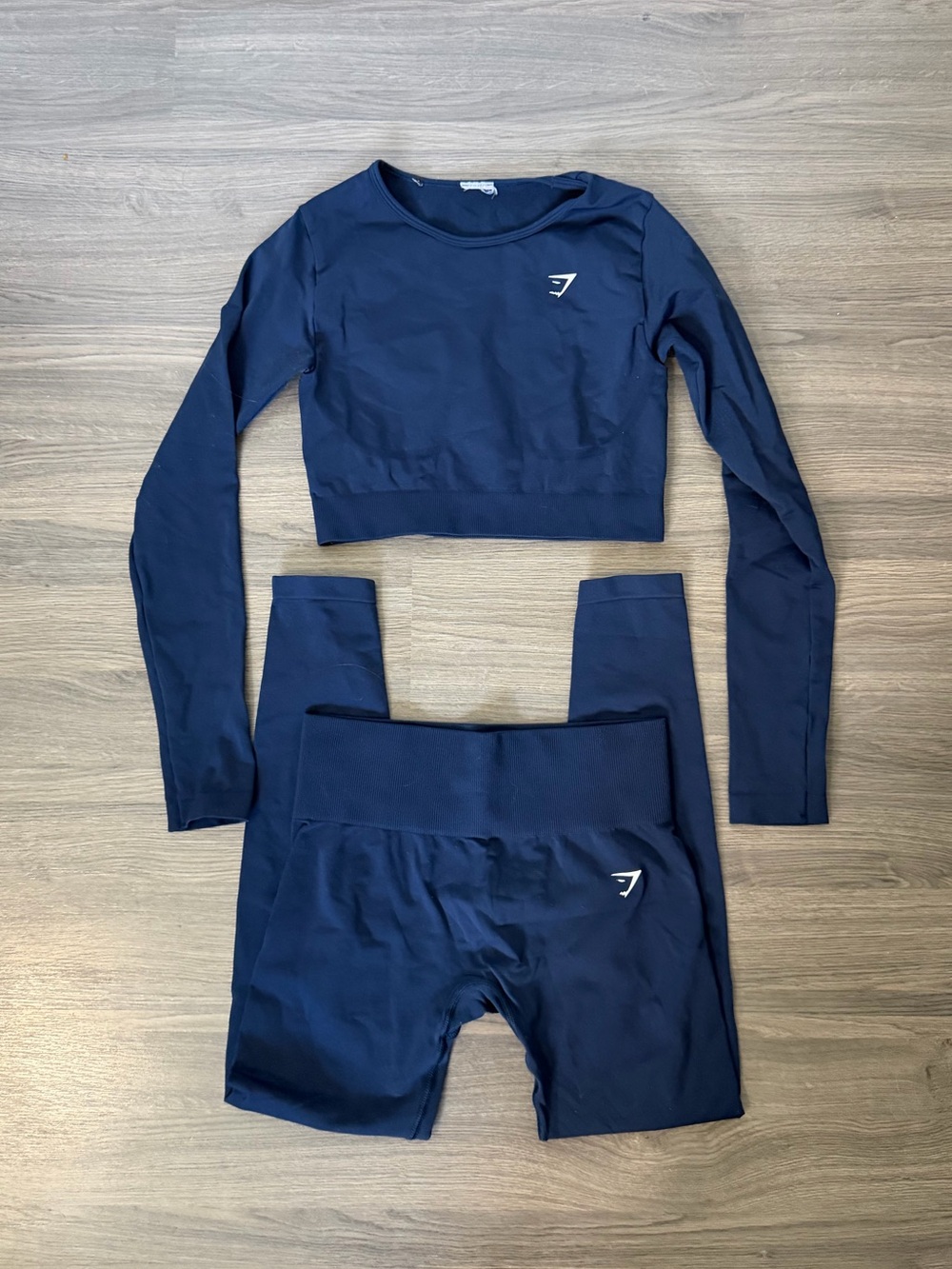 Gymshark Navy Blue Crop Top Long Sleeve High-Waist Leggings Set Workout Gym Set